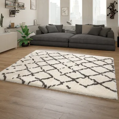 Produktbild von Hochflor-Teppich, Shaggy Im Flokati-Stil Mit Rauten-Muster In Grau Weiß Grösse 160x230 cm