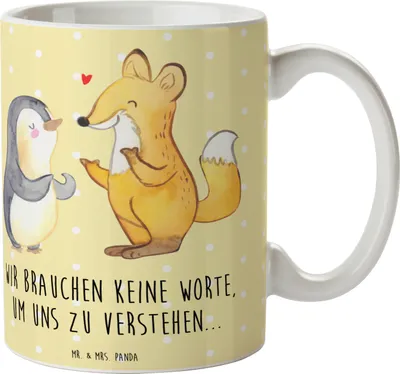 Produktbild von Mr. & Mrs. Panda Pott Fuchs & Pinguin gehörlos - Gelb Pastell - Geschenk, Geschenktasse, Kaffeetasse, bedruckt, Teepott, Keramiktasse, Tasse, Gebärdensprache