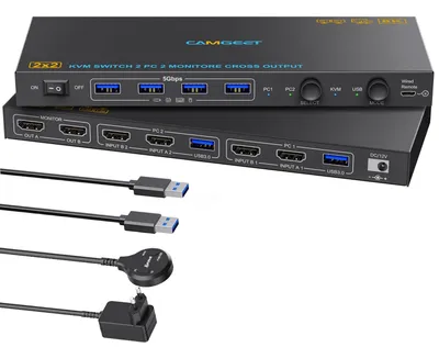 Zdjęcie produktu dla Przełącznik KVM USB 3.0 z wyjściem HDMI, obsługujący 2 monitory i 2 komputery, z rozdzielczością 4K przy 144 Hz oraz 8K przy 60 Hz