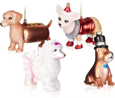 Obrázok produktu pre BRUBAKER 4 kusy guľôčok na stromček Funny Dogs - ručne maľované vianočné guľôčky Dachshund Hot Dog, Dog in Top Hat, Pudle a Chihuahua - sklenené ozdoby na stromček fúkané ústami - ozdoby na stromček Funny