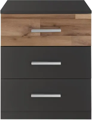 A front view of a nightstand with three drawers.