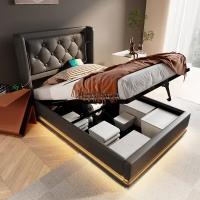 Produktbild von okwish Boxspringbett Polsterbett 90 x 200 cm mit 3-seitige LED-Beleuchtung und Kopfteil mit USB Typ-C-Ladeanschluss, Hydraulisches Stauraumbett mit Bettkasten Stauraum(Ohne Matratze)- Schwarz