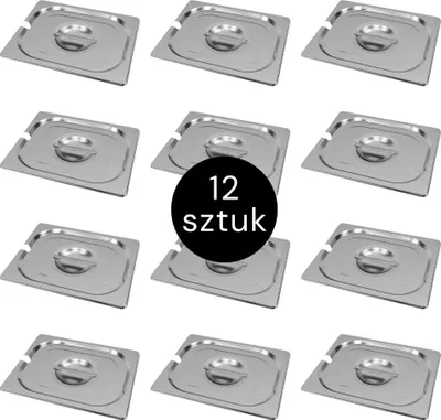 Zdjęcie produktu dla Pokrywka do pojemnika 1/2 GN Mega-M ze stali nierdzewnej, 325x265mm, z wycięciem na chochlę, zestaw 12 szt.