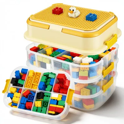 Produktbild von Aufbewahrungsbox für Lego Steine - 4-lagiger stapelbarer Spielzeug Organizer - Transparenter Kunststoff mit Deckel und Fächern - Bausteinaufbewahrung - Gelb