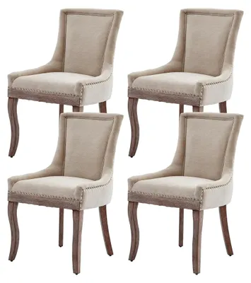 Produktbild von Esszimmerstuhl 4er Set, Bequeme Küchenstühle mit Stoffbezug, Polsterstuhl mit Massivholzbeinen und Ziernägeln, Beige