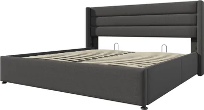A studio shot of a bed frame with a headboard and slatted base.