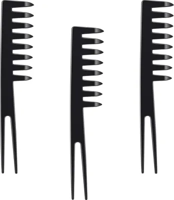 Image de pack de 3 peignes Fantail Noir Dent large Detangling Styling pour adultes enfants