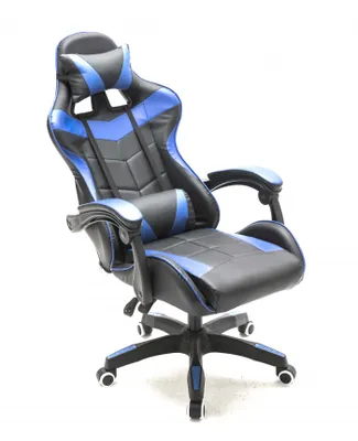 A black and blue gaming chair is shown against a white background.