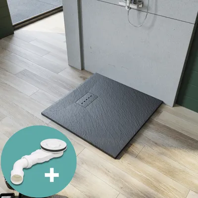 Produktbild von SONNI SMC Duschwannen für Badezimmer 80x80cm Super Flach Quadratisch Duschtasse Grau Steinoptik inkl. Ablaufgarnitur