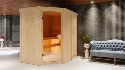 Produktbild von Karibu Sauna Innensauna Carin Eckeinstieg Ofen 9 KW externe Strg easy 196x151x198 cm ohne Dachkranz mit Bronzierte Tür
