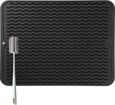 Productafbeelding van Unyqoos® siliconen afdruipmat voor servies (50 x 40 cm) – BPA-vrij, hittebestendig en antislip, zwart, inclusief spons-reinigingsborstel