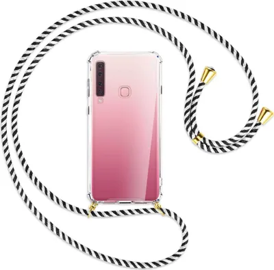 Produktbild von Handykette Backcover-Schutzhülle mit Band (Metall goldfarben) für Samsung Galaxy A9 2018 - schwarz/weiß gestreift