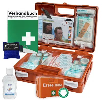 Produktbild von Erste-Hilfe-Koffer M1 mit "Notfallbeatmungshilfe" für Betriebe - aktuelle DIN/EN 13157 incl. Verbandbuch & Hygiene-Gel