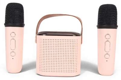 Immagine prodotto di Kit karaoke portatile con altoparlante Bluetooth - 2 microfoni wireless - Potenza: 6W - Rosa
