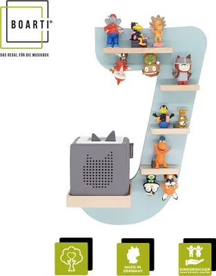 Produktbild von BOARTI Kinderregal Buchstabe J | hängend für Toniebox und Tonie Figuren | platzsparendes Regal | H. 47 x B. 32 x T. 19 | Wandregal Musikbox und Figuren Aufbewahrung Magneteinsätzen | Aufbewahrungsregal Holz