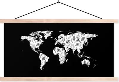 Produktbild von MuchoWow® Textilposter Karte - Weiß - Blätter 120x60 cm mit holzfarbenen Rahmen - Klemmleiste