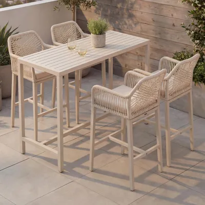 Produktbild von Set Bartisch + 4x Barhocker HWC-P91, Barstuhl Stehtisch, Outdoor Sitzpolster Seilgeflecht Metall creme