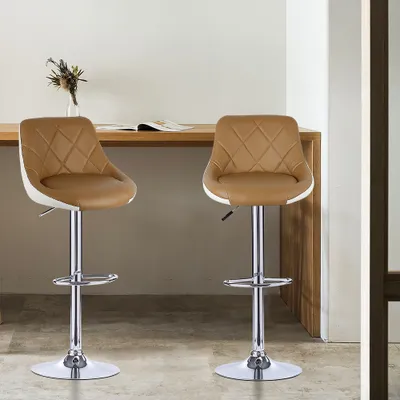 Two modern bar stools are shown in a room with a wooden counter.