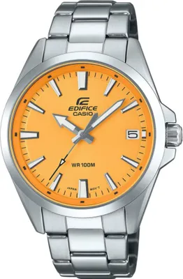 A close-up studio shot of a Casio Edifice watch with an orange dial.