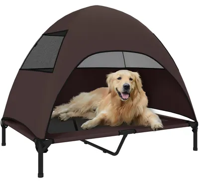 Produktbild von Hundeliege Outdoor mit Dach, Erhöhtes Hundebett für Große Hunde, 106 x 76 x 99 cm, Kaffee