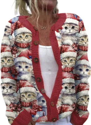 Produktbild von ASKSA Damen Weihnachts Strickjacke Weihnachtsjacke Weihnachten Cardigan Reindeer Weihnachtsmann Weihnachtspullover Sweat,A-Rot,3XL