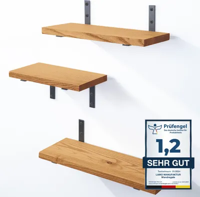 Produktbild von LAMO Manufaktur 3 Stück Wandregal Holz 40/35/30cm | Schweberegal Massiv 100% Echtholz | Hängeregal für Wohnzimmer, Schlafzimmer, Küche, Büro, Badezimmer | Wandregale SET 3 Gerade Farbe: Rustikal