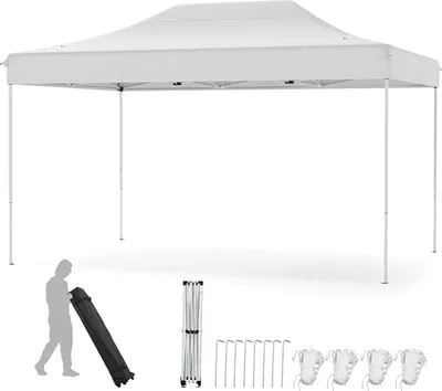 A white pop-up canopy tent is shown fully assembled, with a silhouette of a person holding a rolled-up tent bag, a folded tent frame, tent stakes, and sandbags displayed below.