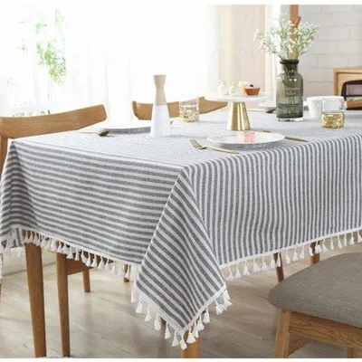 Imagen del producto de Mantel de mesa a rayas de algodón y lino con flecos. Mantel individual de tejido denso. Mantel rectangular. Disponible en diferentes tamaños. Ideal para la decoración de mesas en la cocina y el comedor (140 x 250 cm)