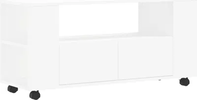 A white TV stand with shelves and drawers on wheels.