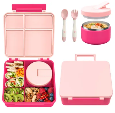 Productafbeelding van Lunchbox-set voor kinderen met een 300 ml thermosbeker, een lunchbox met 4 compartimenten die lekvrij is, een geïsoleerde lunchtas, en een BPA-vrije thermoslunchbox voor kinderen, school en uitstapjes (roze)