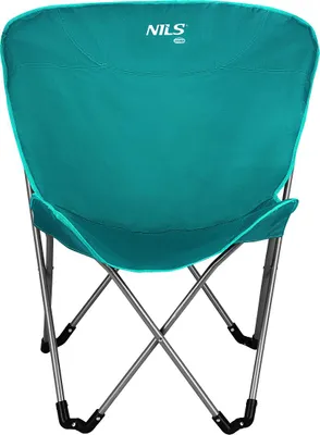 A teal camping chair is shown from the front against a white background.