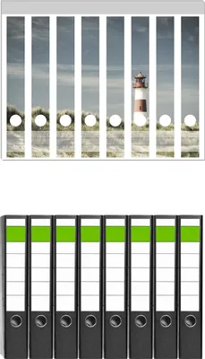 Produktbild von Wallario 8 Stück schmale Ordner inkl. Klebeetiketten mit Motive Leuchtturm auf der Düne am Strand -  Set mit Rückenschildern / Ordnerrücken Stickern