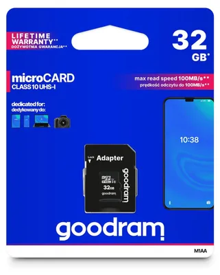 Zdjęcie produktu dla Szybka Karta Pamięci Micro SD GoodRam 32GB z Adapterem C10 U1 100 MB/s