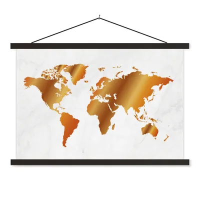 Produktbild von MuchoWow® Textilposter Weltkarte - Marmor - Gold 90x60 cm mit schwarzem Rahmen - Aufhängungssatz
