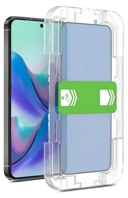 A smartphone screen protector being applied using a clear plastic installation guide.