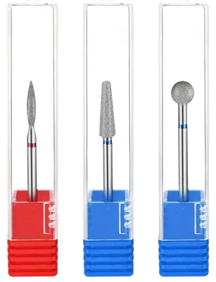 Image de Kit de limes à ongles diamantées, 3 pièces : limes à cuticules en forme de boule, en forme de flamme et coniques, de couleur rouge et bleue