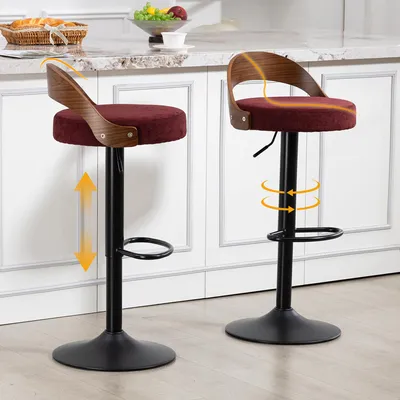Produktbild von LVHOM 2er Set Barhocker Höhenverstellbar, Leinen Tresenhocker 360° Drehbar mit Lehne, Barstuhl Vintage Walnuss Optik, für Kücheninsel, Weinrot