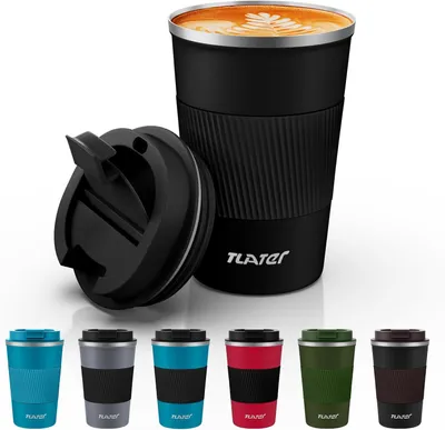 Produktbild von 2 Tlater Coffee to go Becher 380 ml mit auslaufsicherem Deckel doppelwandig aus Edelstahl für Kaffee und Tee (Schwarz)