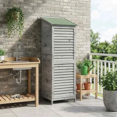 Imagen del producto de Armario de jardín de madera de abeto, 59 x 56 x 176 cm, armario para herramientas para exteriores con techo a dos aguas, cobertizo de madera resistente a la intemperie en color gris