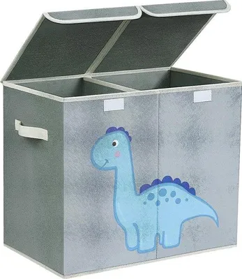 Imagen del producto de Caja de almacenamiento para niños Unyqoos® con tapa doble, asa de transporte y compartimento frontal – 47x29x40 cm, fabricada con 80 g de tela no tejida y placa de PP de 3 mm, con motivo de dinosaurios (diseño que atenúa la luz)