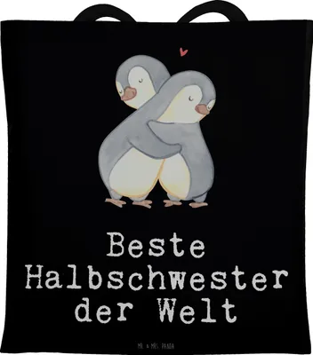 Produktbild von Mr. & Mrs. Panda Tote Bag Pinguin Beste Halbschwester der Welt - Schwarz - Geschenk, Tochter, Tasche, Liebe, Baumwolltasche, Schultasche, Stoffbeutel, Geschenkidee