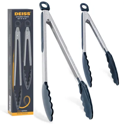 Productafbeelding van Deiss PRO keukentangen met siliconen uiteinden – Hittebestendige tangen voor koken, grillen en frituren, met vergrendeling, set van 2, 23 en 30 cm