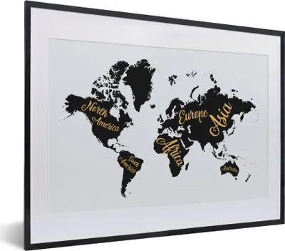 Produktbild von MuchoWow® MuchoWow® Gerahmtes Poster Weltkarte - Briefe - Gold 40x30 cm - Poster mit zchwarzem Bilderrahmen - Bilderrahmen - Poster im Rahmen