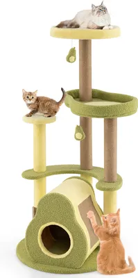 A multi-level cat tree with platforms, a hideaway, and toys, featuring three cats interacting with it.