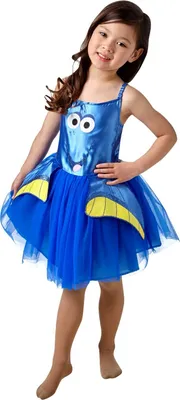 A young girl wearing a blue tutu dress inspired by the character Dory from Finding Nemo.