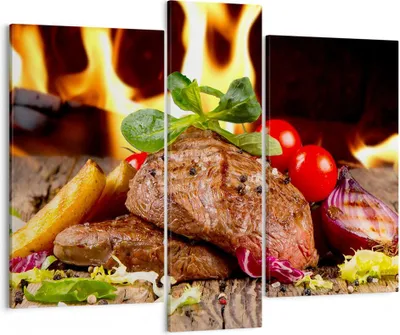 Produktbild von Bild auf Leinwand - Leinwandbild - Essen Holz Feuer Steak - 95x80cm - Wand Bild - Wanddeko - Leinwanddruck - Bilder - Kunstdruck - Wanddekoration - Leinwand bilder - Wandkunst - CB95x80-2825