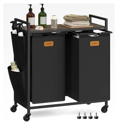 Produktbild von Wäschekorb mit Ablage, Wäschesammler, Wäschesortierer, Rollen, kleine seitliche Taschen, 6 Etiketten, 2 Fächer, 100 L, tintenschwarz-aschbraun