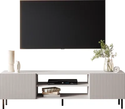 A TV stand with a TV mounted above it, on a white background.