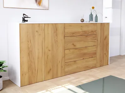 Produktbild von Sideboard Impulse 200cm 3 Türen 4 Pushauszüg Weiß Hgl Eiche : Weiss hochglanz / Eiche Gold Varianten: Weiss hochglanz / Eiche Gold