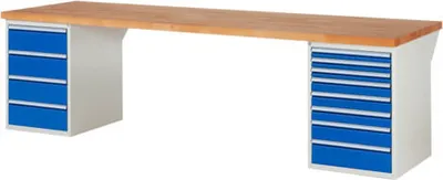 Produktbild von Werkbank mit 12 Schubladen - Teilauszug - 60:3 / 90:3 / 120:1 / 150:1 / 180:4 - 890 x 3.000 x 900 mm (HxBxT) - Traglast 1.000 kg - Buche